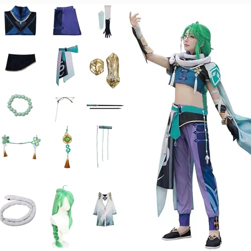 Genshin Impact Cosplay Baizhu Kostüm Spielcharakter Charaktere Outfit mit Perücke Kopfschmuck Full Set Halloween Dress Up Uniform Anzug für Männer (3XL) von CosDance