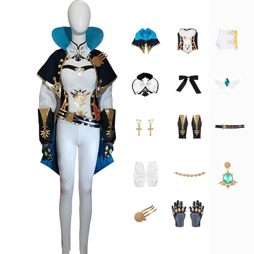 Genshin Impact Cosplay Jean Kostüm Spielcharakter Charaktere Navia Lyney Outfit mit Kopfschmuck Full Set Halloween Dress Up Uniform Kleider Anzug für Mädchen Frauen (XL) von CosDance