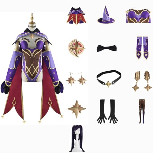 Genshin Impact Cosplay Mona Kostüm Spielcharakter Charaktere Navia Lyney Outfit mit Perücke Kopfschmuck Full Set Halloween Dress Up Uniform Kleider Anzug für Mädchen Frauen (XS) von CosDance