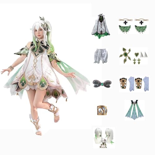 Genshin Impact Cosplay Nahida Kostüm Spielcharakter Charaktere Outfit mit Perücke Kopfschmuck Full Set Halloween Dress Up Uniform Kleider Anzug für Mädchen Frauen (XS) von CosDance