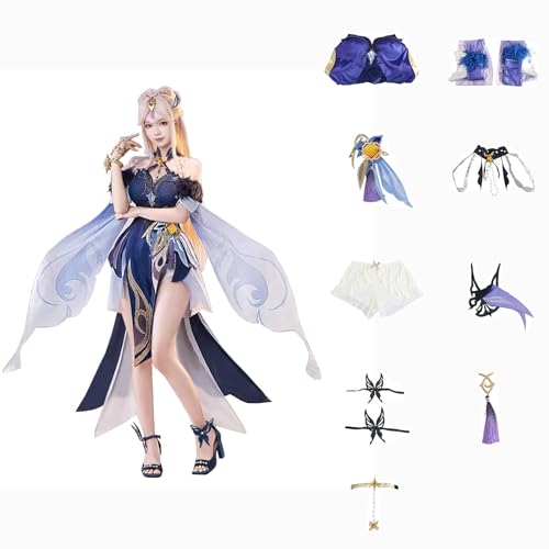 Genshin Impact Cosplay Ningguang Kostüm Spielcharakter Charaktere Navia Lyney Outfit mit Perücke Kopfschmuck Full Set Halloween Dress Up Uniform Kleider Anzug für Mädchen Frauen (XS) von CosDance