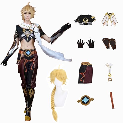 Genshin Impact Cosplay Traveler Aether Kostüm Spielcharakter Charaktere Outfit mit Perücke Kopfschmuck Full Set Halloween Dress Up Uniform Anzug für Männer (3XL) von CosDance