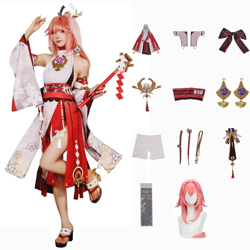 Genshin Impact Cosplay Yae Miko Kostüm Spielcharakter Charaktere Navia Lyney Outfit mit Perücke Kopfschmuck Full Set Halloween Dress Up Uniform Kleider Anzug für Mädchen Frauen (2XL) von CosDance