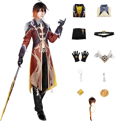 Genshin Impact Cosplay Zhongli Kostüm Spielcharakter Charaktere Outfit mit Perücke Kopfschmuck Full Set Halloween Dress Up Uniform Anzug für Männer (XL) von CosDance