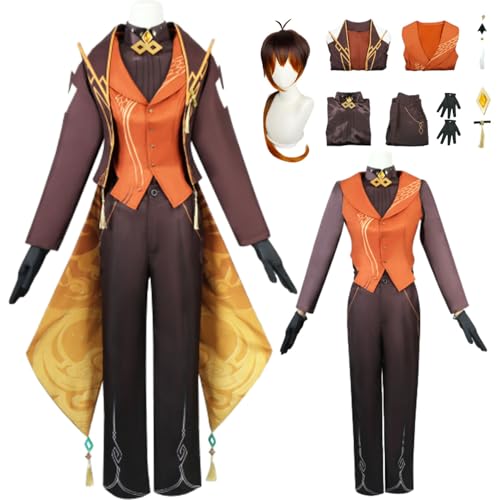 Spiel Genshin Impact Charakter Zhongli Cosplay Kostüm Outfit mit Perücke Symphonie Konzertuniform Halloween Kostüm Karnevals Kostüm Jacken Westen Hemden Hosen Zubehör Set für Herren (L) von CosDance