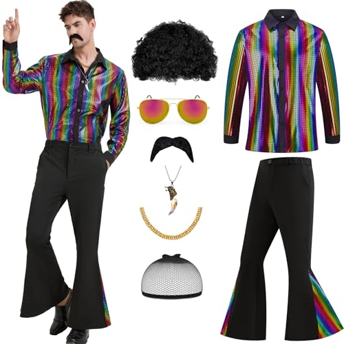 70er Jahre Disco Outfit für Herren, 70er Jahre Disko Kostüm Hemd Hose Anzug mit Perücke Schnurrbart Halskette Sonnenbrille für Party von Coseaon