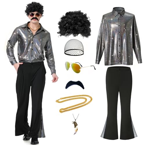 70er Jahre Disco Outfit für Herren, 70er Jahre Disko Kostüm Hemd Hose Anzug mit Perücke Schnurrbart Halskette Sonnenbrille für Party von Coseaon