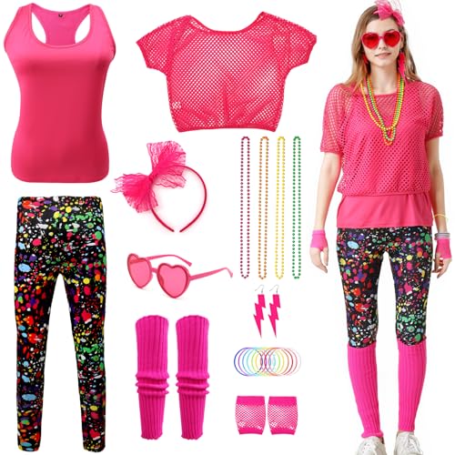 80er 90er Jahre Outfit Damen, 80iger Damen Kostüm Set Netzshirt, Tank top, Leggings, Beinwärmer, Ohrring, Halskette, Armband, Netzhandschuhe, 80er Jahre Neon Mottoparty Kleidung mit Accessoires von Coseaon