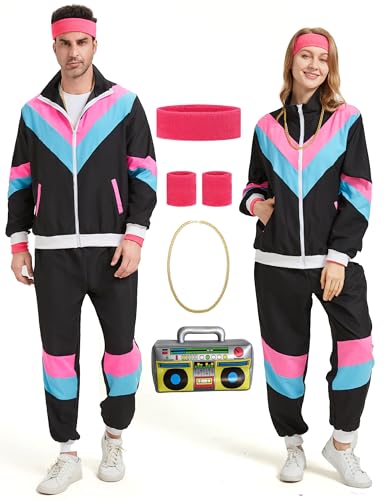 80er 90er Jahre Outfit Herren Damen 80er Trainingsanzug Jacke Hose Anzug, 90er Jahre Jogginganzug Herren, Retro 80er Jahre Kostüm für Erwachsene, 80s Tracksuit Men Women für Fasching Karneval von Coseaon