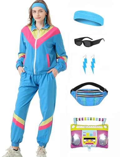 Coseaon 80er 90er Jahre Outfit Damen Trainingsanzug Jacke Hose Anzug 80er Retro Kleidung Accessoire 80s Kostüm Halloween Karneval Party (Blau, 2XL) von Coseaon