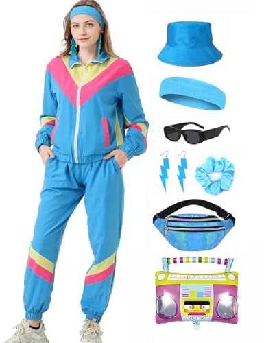 Coseaon 80er 90er Jahre Outfit Damen Trainingsanzug Jacke Hose Anzug 80er Retro Kleidung Accessoire 80s Kostüm Halloween Karneval Party (Blau, 3XL) von Coseaon