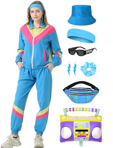 Coseaon 80er 90er Jahre Outfit Damen Trainingsanzug Jacke Hose Anzug 80er Retro Kleidung Accessoire 80s Kostüm Halloween Karneval Party (Blau, L) von Coseaon