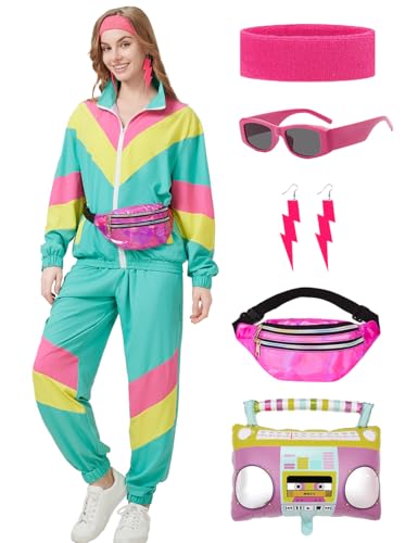 Coseaon 80er 90er Jahre Outfit Damen Trainingsanzug Jacke Hose Anzug 80er Retro Kleidung Accessoire 80s Kostüm Halloween Karneval Party (Grün, 2XL) von Coseaon