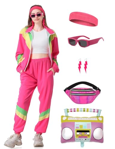 Coseaon 80er 90er Jahre Outfit Damen Trainingsanzug Jacke Hose Anzug 80er Retro Kleidung Accessoire 80s Kostüm Halloween Karneval Party (Rosa, 2XL) von Coseaon