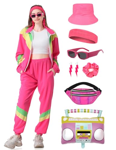 Coseaon 80er 90er Jahre Outfit Damen Trainingsanzug Jacke Hose Anzug 80er Retro Kleidung Accessoire 80s Kostüm Halloween Karneval Party (Rosa, 2XL) von Coseaon