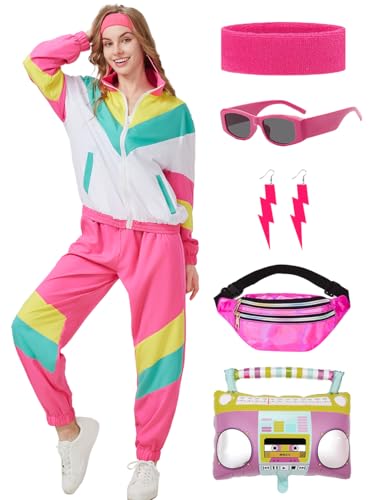 Coseaon 80er 90er Jahre Outfit Damen Trainingsanzug Jacke Hose Anzug 80er Retro Kleidung Accessoire 80s Kostüm Halloween Karneval Party (RosaWeiß, 3XL) von Coseaon