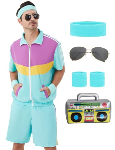 Coseaon 80er 90er Jahre Outfit für Herren Trainingsanzug Shorts Set Herren 80s 90s Retro Jacke Outfits Kostüm für Party, Grün, S Coseaon 80er 90er Jahre Outfit für Herren Trainingsanzug Shorts Set Herren 80s 90s Retro Jacke Outfits Kostüm für Party, Grün, S von Coseaon