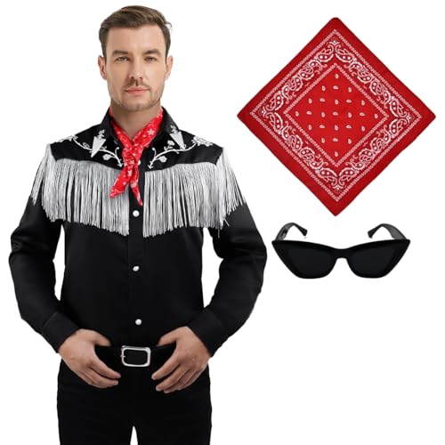 Coseaon Cowboy Kostüm für Herren Erwachsene Cosplay Outfits mit Hemd Krawatte Gürtel Halloween Karneval Anzug, Schwarz (Schwarz, 2XL) von Coseaon