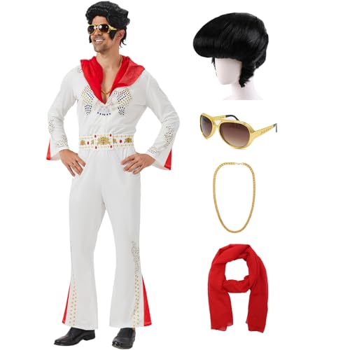 Coseaon Herren Rockstar Kostüm Erwachsene 50er Jahre Sänger Kostüm 60er 70er Jahre Disco Outfit mit Perücke Sonnenbrille Schal Halskette Rock 'n Roll Jumpsuit für Halloween Karneval (Weiß, 2XL) von Coseaon