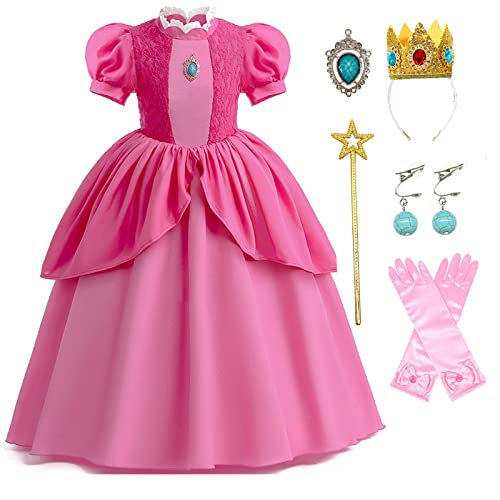 Coseaon Peach Kostüm Mädchen Peach Prinzessin Costume Kleider Kinder Peach Cosplay Set mit Krone Peach Dress fur Halloween Weihnachten Karneval Verkleidung (Rosa, 110) von Coseaon