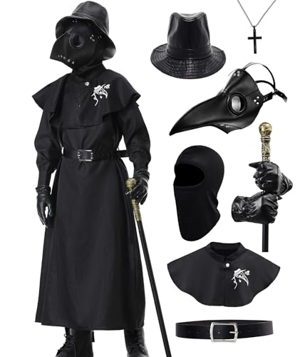 Coseaon Pestdoktor Kostüm Kinder Pestarzt Kostüm mit Maske Zubehör Mittelalter Kostüm Umhang Kinder für Halloween Karneval Cosplay (Schwarz, 130) von Coseaon