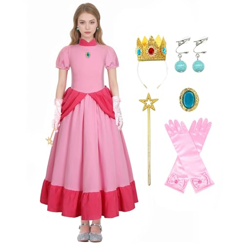 Coseaon Prinzessin Peach Kostüm Damen Peach Cosplay Costume Rosa Peach Kleid Set mit Krone Handschuhe Zauberstab, Peach Dress for Erwachsene Halloween Weihnachten Karneval Verkleidung (2XL) von Coseaon