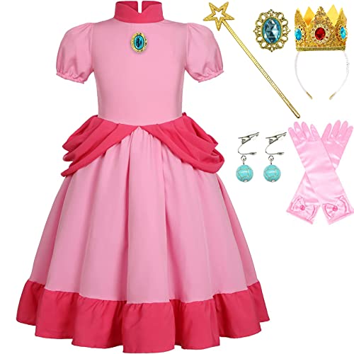 Coseaon Prinzessin Peach Kostüm Mädchen Pfirsich Kleider Cosplay Costume Set mit Krone Handschuhe Zauberstab Peach Dress Kinder Halloween Weihnachten Karneval Verkleidung 4-15 Jahre (120 (116)) von Coseaon