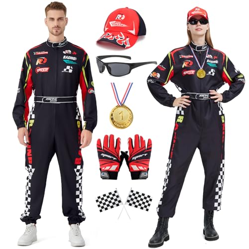 Coseaon Rennfahrer Kostüm Herren Damen Rennfahrer Anzug Jumpsuit Overall mit Hut Sonnenbrille Handschuhe Gürtel Halloween Karneval Erwachsene Racer Komplettset (Schwarz, L) Coseaon Rennfahrer Kostüm Herren Damen Rennfahrer Anzug Jumpsuit Overall mit Hut Sonnenbrille Handschuhe Gürtel Halloween Karneval Erwachsene Racer Komplettset (Schwarz, L) von Coseaon