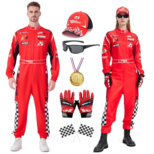 Coseaon Rennfahrer Kostüm Herren Damen Rennfahrer Anzug Jumpsuit Overall mit Hut Sonnenbrille Handschuhe Gürtel Halloween Karneval Erwachsene Racer Komplettset (Rot, M) Coseaon Rennfahrer Kostüm Herren Damen Rennfahrer Anzug Jumpsuit Overall mit Hut Sonnenbrille Handschuhe Gürtel Halloween Karneval Erwachsene Racer Komplettset (Rot, M) von Coseaon