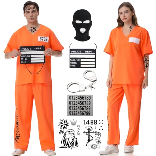 Sträfling Kostüm Herren Damen Orange Prisoner Costume Häftling Kostüm Orange Halloween Gefangener Overall Knast Prisoner Cosplay Outfit für Erwachsener Gefängnis Kostüm von Coseaon