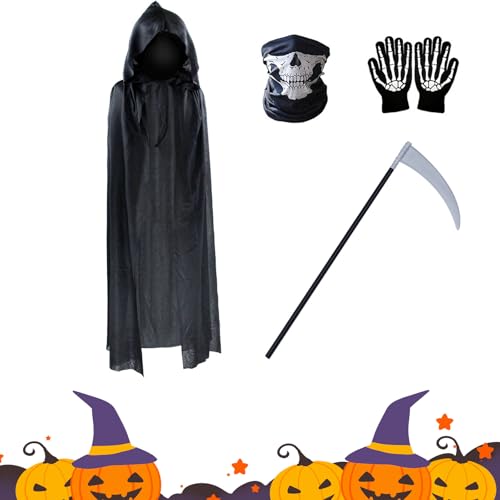 Sensenmann Kostüm Set, Halloween Kostüme, Halloween Sensenmann Set, mit Kapuzenumhang Skeletthandschuhe Totenkopfmaske Sensenrequisite, Halloween Cosplay Outfits Kostüm für Frauen Männer von Cosiesnest