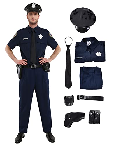 Coskidz Herren Kurzarm Polizist Uniform Halloween Kostüm mit Kappe - Blau - Medium von Coskidz