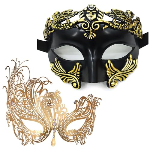 Maskerade-Maske für Damen und Herren, Paar, venezianische Maske, römisch-griechische Maske für Halloween, Kostüm, Party, Abschlussball (Gold Phoenix Set) von Cosmer