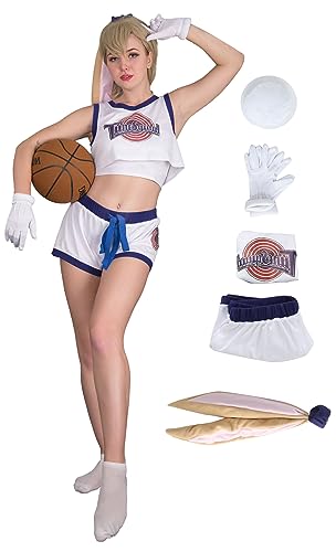 Cosplay.fm Damen Lola Bunny Cosplay Kostüm Tune Squad Crop Top mit Hasenohren Schwanz Handschuhe, weiß, groß von Cosplay.fm