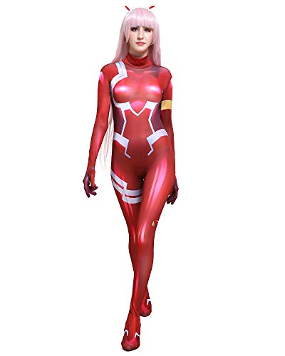 Cosplay.fm Damen Zero Two Battle Suit Kopfbedeckung Code 002 Cosplay Kostüm Spandex Bodysuit (M, Rot) von Cosplay.fm