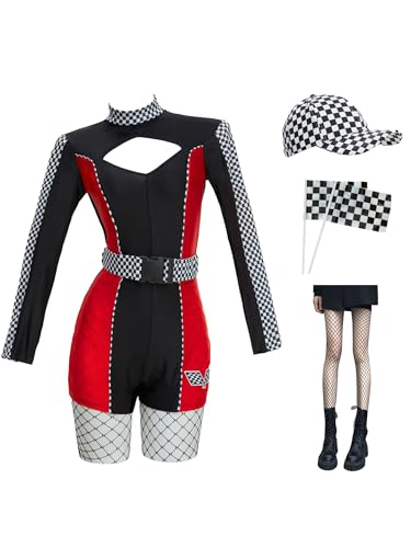 Cosplay.fm Rennfahrer-Kostüm für Damen, Halloween-Kostüm, Pullover, Rennwagen-Overall mit Zubehör-Set (Schwarz und Rot, Einheitsgröße) von Cosplay.fm