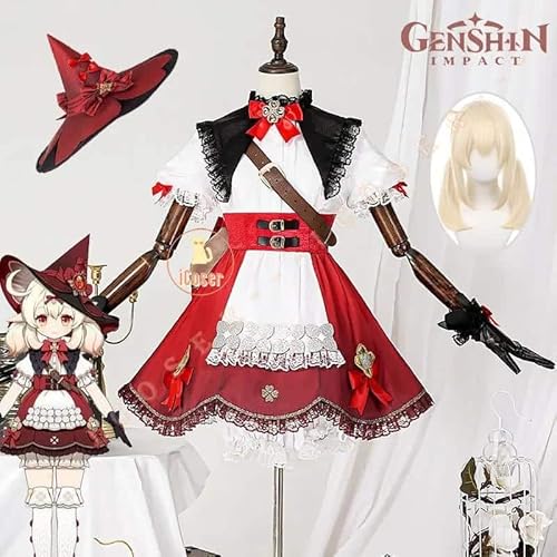 5 Star Klee Blossoming Starlight Cosplay Kostüm Genshin Impact Kleid New Skin Witch Lolita Outfit Hat Damen Set, Costume with Wig, XL von CosplayHero