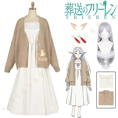 Anime Frieren Beyond Journey's End Frieren Cosplay Kostüm Wig Perücke Sweater Coat Kleid Elf Ears Earrings Damen Props, Full set, XXL von CosplayHero