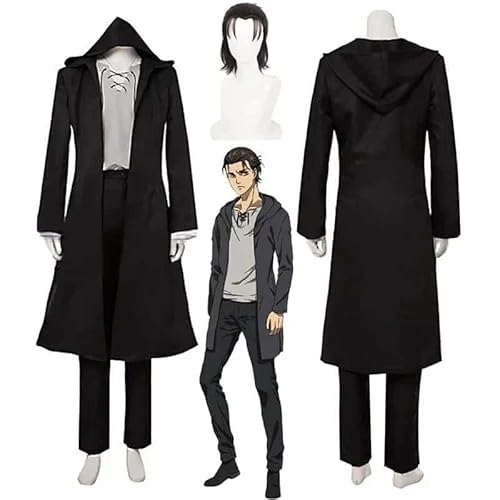 Attack on Titan Final Season 4 Eren Jaeger Anime Cosplay Kostüms Wig Schuhe Black Hooded Trench T-shirt Pants Suit Shingeki No, Costume with Wig, 40 von CosplayHero