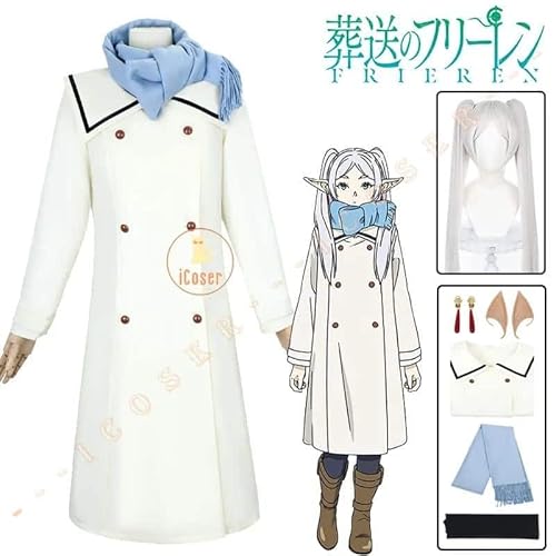 Frieren Cosplay Kostüm Wig Perücke Kleid Coat Scarf Anime Frieren Beyond Journey's End Winter on The Northern Lands Damen Set, Coat with wig, XXL von CosplayHero