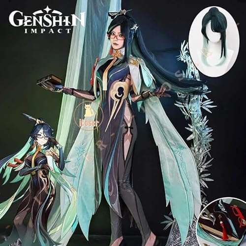 Game Genshin Impact Xianyun Cosplay Kostüm Wig Perücke Kleid Uniform Glasses Passerine Herald Liyue für Damen Herren Props, Full set, L von CosplayHero