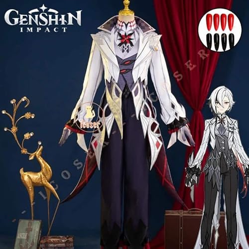 Genshin Impact Arlecchino The Knave Cosplay Kostüm Uniform Wig Perücke Earrings Eleven Fatui Harbingers Damen Outfit, Costume only, S von CosplayHero