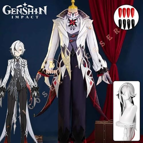 Genshin Impact Arlecchino The Knave Cosplay Kostüm Uniform Wig Perücke Earrings Eleven Fatui Harbingers Damen Outfit, Full set, XL von CosplayHero