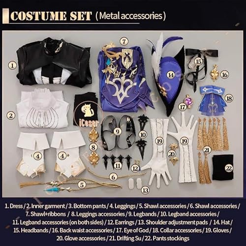 Genshin Impact Clorinde Cosplay Kostüm Kleid Wig Perücke Fontaine Uniform Cloak Hat Earrings Damen Metal Accessories, Costume-metal Props, M von CosplayHero