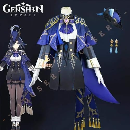 Genshin Impact Clorinde Cosplay Kostüm Kleid Wig Perücke Hat Fontaine Uniform Cloak Earrings für Damen Props, Costume only, XXXL von CosplayHero