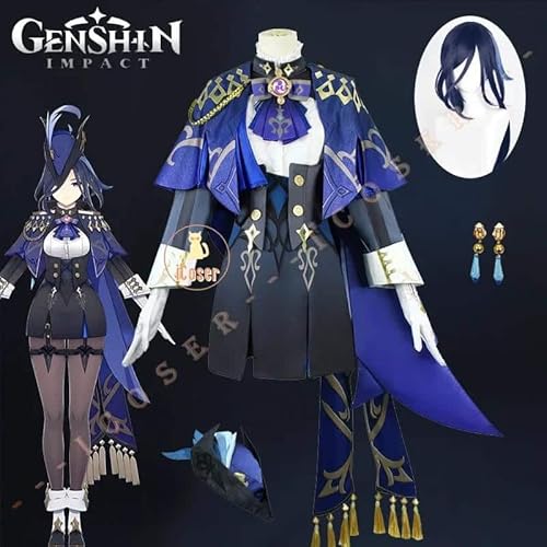 Genshin Impact Clorinde Cosplay Kostüm Kleid Wig Perücke Hat Fontaine Uniform Cloak Earrings für Damen Props, Full set, L von CosplayHero