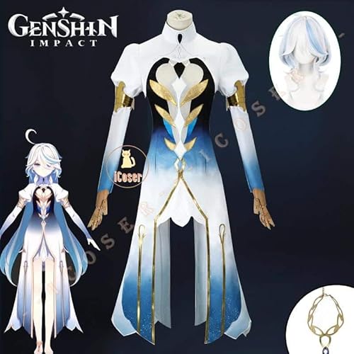 Genshin Impact Focalors Furina Cosplay Kostüm Wig Perücke Kleid Demonic God Uniform Anklet God of Justice Damen Props, Full set, XL von CosplayHero