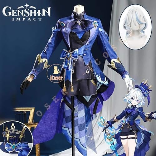 Genshin Impact Furina Focalors Cosplay Kostüm Wig Perücke Black Kleid Uniform Short Hair Hat Ousia Hydro Archon God of Justice Damen, Full set, XS von CosplayHero