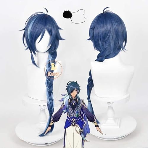 Genshin Impact Kaeya Alberich Sailwind Shadow Cosplay Kostüm Uniform Wig Perücke Earrings Ring Blindfold Mondstadt Damen Herren, Wig with blindfold, L von CosplayHero