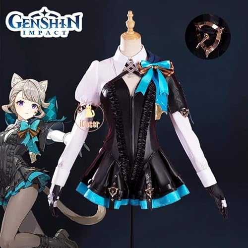 Genshin Impact Lynette Cosplay Kostüm Kleid Wig Perücke Fontaine Uniform Tail Headband Magician Lyney Damen, Costume only, XXL von CosplayHero